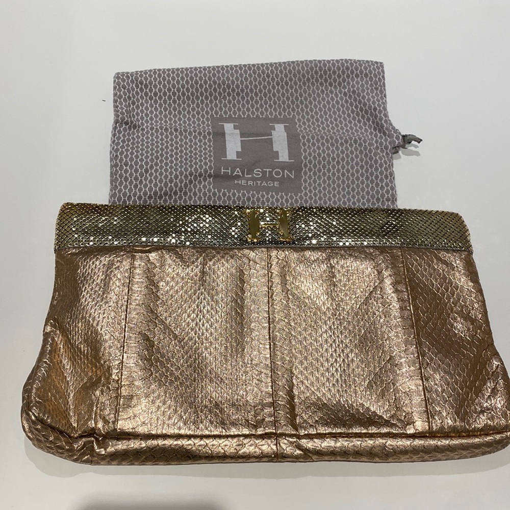 Halston Heritage Snake Print Metallic Clutch